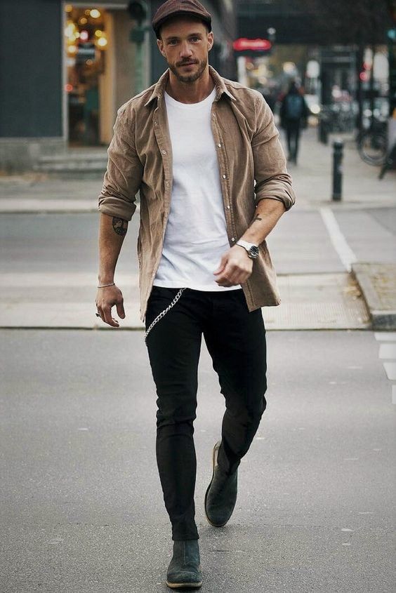 Beige Shirt with Black Jeans and Chelsea Boots